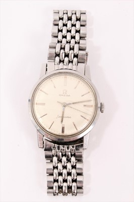 Lot 617 - 1960s Gentlemen's Omega Seamaster steel wristwatch with silvered dial and baton numerals with original Articulated steel strap with Omega clasp