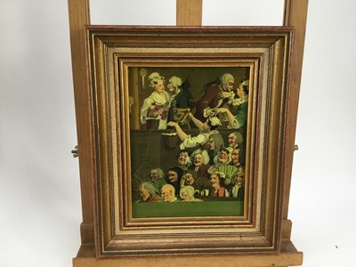 Lot 2024 - Jenny Simpson (1931-2020), Georgian-style glass pictures, framed and glazed - one entitled 'La belle chocolatiere', and two Hogarth pictures (3)
