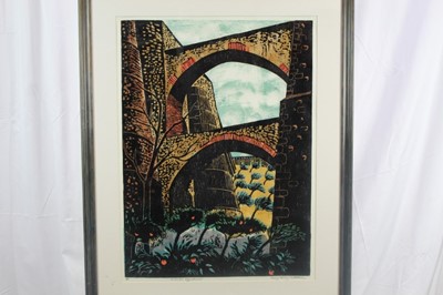 Lot 135 - Penny Berry Paterson (1941-2021) signed limited edition woodcut - Elvas Aquaduct, 4/5, 78.5cm x 58cm in glazed frame