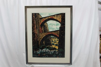 Lot 84 - Penny Berry Paterson (1941-2021) signed limited edition woodcut - Elvas Aquaduct, 4/5, 78.5cm x 58cm in glazed frame