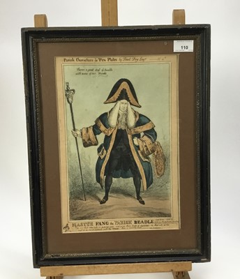 Lot 110 - Early 19th century hand coloured etching - Master Fang The Parish Beadle, circa 1829, in glazed frame