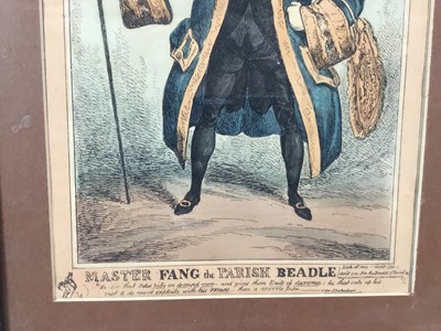 Lot 110 - Early 19th century hand coloured etching - Master Fang The Parish Beadle, circa 1829, in glazed frame