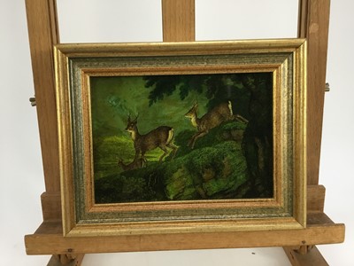 Lot 2027 - Jenny Simpson (1931-2020), Georgian-style glass pictures, framed and glazed - deer and a fox (3)