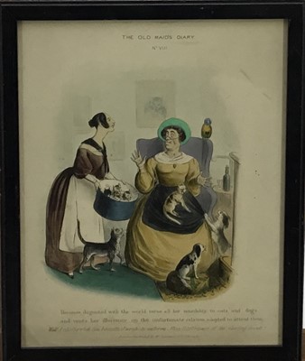 Lot 108 - Amusing 19th century hand coloured engraving- 'The old maid's diary'
