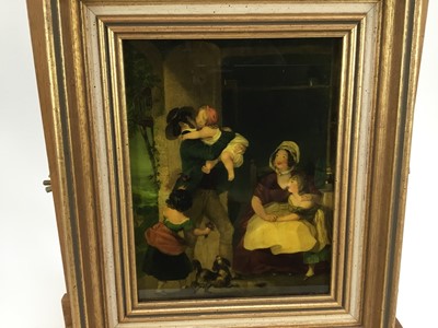 Lot 2030 - Jenny Simpson (1931-2020), Georgian-style glass pictures, framed and glazed - six pictures, including history and genre scenes