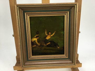 Lot 2030 - Jenny Simpson (1931-2020), Georgian-style glass pictures, framed and glazed - six pictures, including history and genre scenes