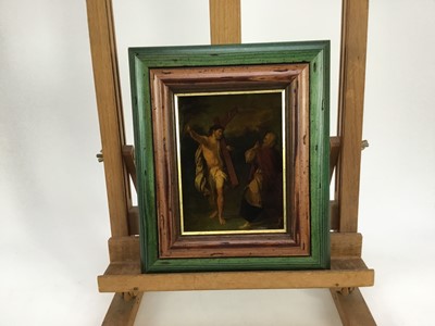 Lot 2031 - Jenny Simpson (1931-2020), Georgian-style glass pictures, framed and glazed - seven pictures, including genre and history scenes