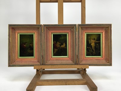 Lot 2033 - Jenny Simpson (1931-2020), Georgian-style glass picture, framed and glazed - Gloria in Excelsis triptych