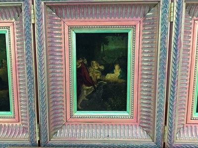 Lot 2033 - Jenny Simpson (1931-2020), Georgian-style glass picture, framed and glazed - Gloria in Excelsis triptych