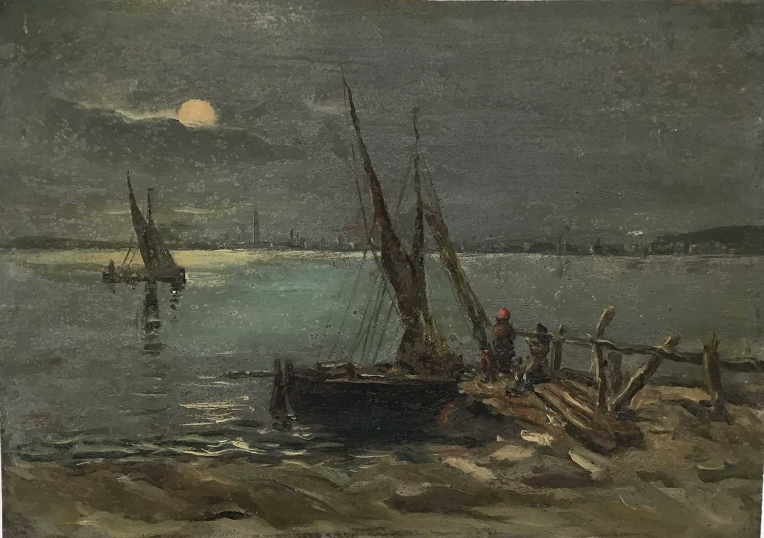 Lot 1356 - Attributed to Henry Jones Thaddeus (1859-1929) oil on panel, moonlit harbour scene, unsigned, 24 x 34cm. Provenance: by family descent from Henry Jones Thaddeus