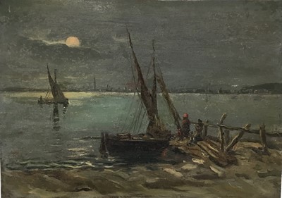 Lot 1356 - Attributed to Henry Jones Thaddeus (1859-1929) oil on panel, moonlit harbour scene, unsigned, 24 x 34cm. Provenance: by family descent from Henry Jones Thaddeus