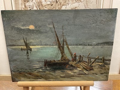 Lot 1356 - Attributed to Henry Jones Thaddeus (1859-1929) oil on panel, moonlit harbour scene, unsigned, 24 x 34cm. Provenance: by family descent from Henry Jones Thaddeus