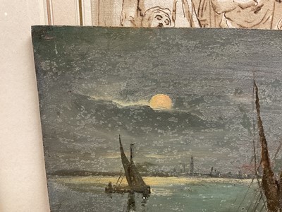 Lot 1356 - Attributed to Henry Jones Thaddeus (1859-1929) oil on panel, moonlit harbour scene, unsigned, 24 x 34cm. Provenance: by family descent from Henry Jones Thaddeus