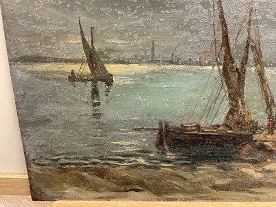 Lot 1356 - Attributed to Henry Jones Thaddeus (1859-1929) oil on panel, moonlit harbour scene, unsigned, 24 x 34cm. Provenance: by family descent from Henry Jones Thaddeus