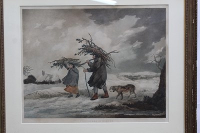 Lot 1342 - Early 19th century stipple engraving printed in colours by Thomas Williamson after George Morland - Cottagers In Winter, published 1812, 48cm x 59cm, in glazed frame