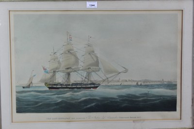 Lot 1344 - Early 19th century hand coloured aquatint by E. Duncan after J. W. Huggins - The Lady Kennaway Off Margate, Homeward Bound 1827, published by Huggins 1829, 40cm x 62cm, in maple veneered frame