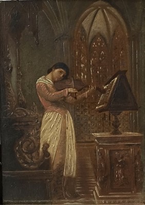 Lot 1361 - English School (19th century) oil on panel, Violinist, in a gothic interior, 15 x 10cm