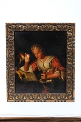 Lot 258 - Continental School, 19th century oil on copper, studying an egg by lamp light, 20 x 17cm, framed