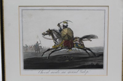 Lot 1348 - Carle Vernet (1758-1837) pair of hand coloured engravings - Cheval arabe au grande Galop and Cheval arabe non harnache, 28cm x 34cm, in glazed frames