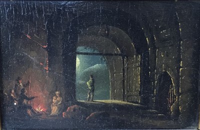 Lot 1364 - Attributed to David Teniers (1610-1690) oil on panel, night scene with figures around a brazier, 8 x 12cm, label verso - from the collection of the late J Fowler Esq. York, framed