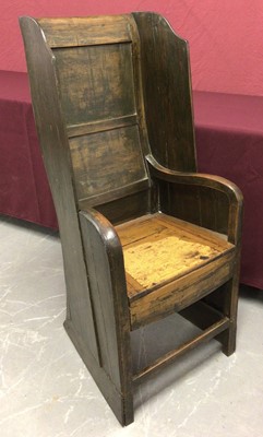 Lot 1550 - Unusual 19th century painted pine and elm crofters commode chair, with high curved back and hinged seat on square tapered legs