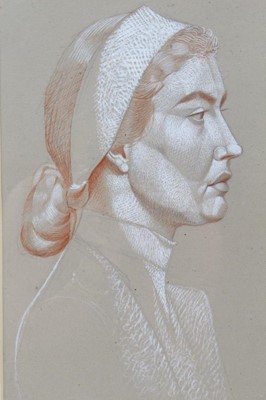 Lot 1176 - *Francis Plummer (1930-2019) pencil, crayon and bodycolour - Profile of a Young Woman, 30cm x 19cm, in glazed frame