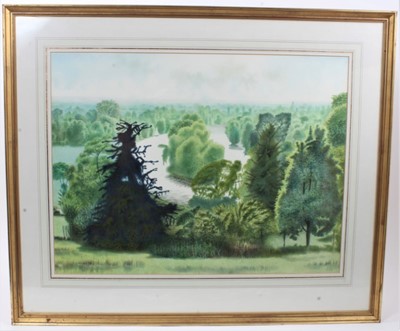 Lot 1178 - *Francis Plummer (1930-2019) watercolour - Wooded Lake, initialled and dated '79, 46cm x 60cm, in glazed frame