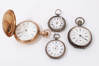 Lot 25 - Unusual silver open faced pocket watch with stop watch function, together with two silver cased fob watches and a gold plated full hunter pocket watch (4)