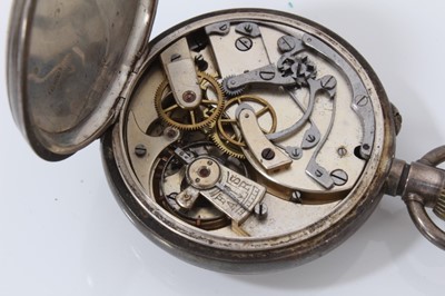 Lot 25 - Unusual silver open faced pocket watch with stop watch function, together with two silver cased fob watches and a gold plated full hunter pocket watch (4)