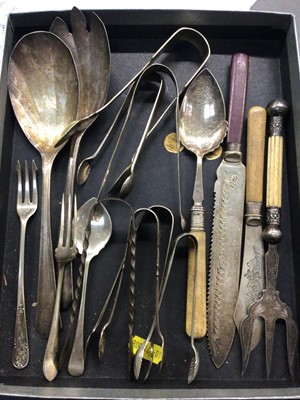 Lot 712 - Pair of silver sugar tongs, pair of white metal sugar tongs and plated cutlery