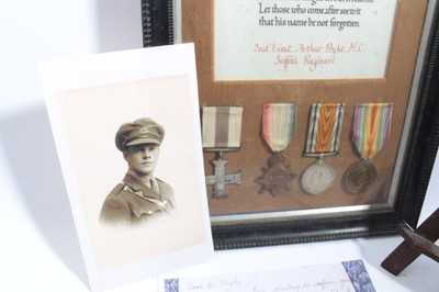 Lot 776 - First World War Military Cross Gallantry Medal group comprising Military Cross, 1914 - 15 Star, War and Victory medals and Memorial plaque named to 2nd Lieut. Arthur Pryke M.C. Suffolk Regiment