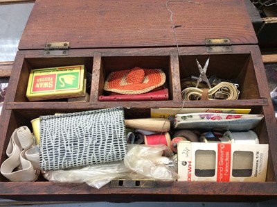 Lot 577 - Sewing box with contents together with large quantity of glass beads and tin of old marbles