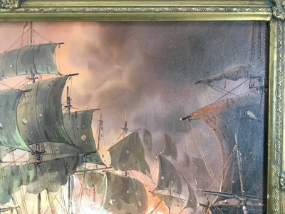 Lot 219 - James Hardy, 20th century, an extensive sea battle by night, signed, oil on canvas laid on board