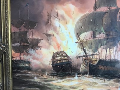 Lot 219 - James Hardy, 20th century, an extensive sea battle by night, signed, oil on canvas laid on board