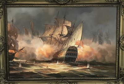 Lot 217 - James Hardy, 20th century, Broadside, a Naval Sea Battle by Night, signed, oil on canvas laid on board