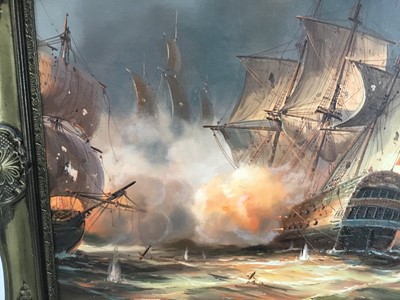 Lot 217 - James Hardy, 20th century, Broadside, a Naval Sea Battle by Night, signed, oil on canvas laid on board
