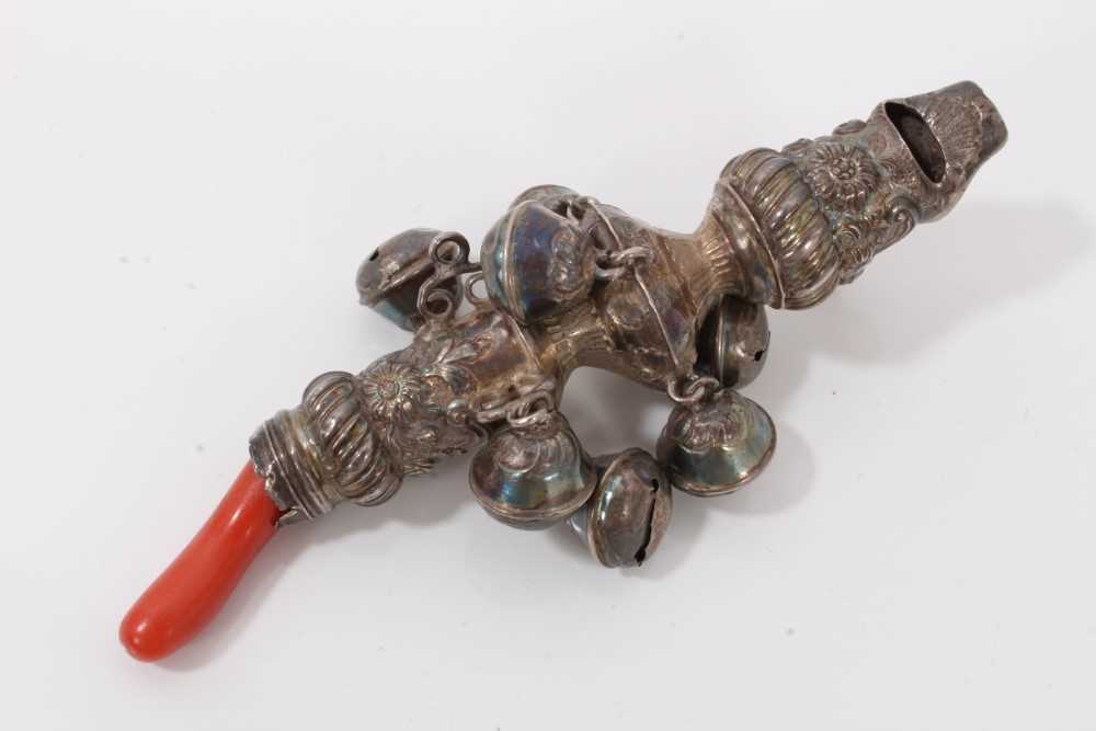 Lot 112 - 19th century silver babies rattle with coral teether