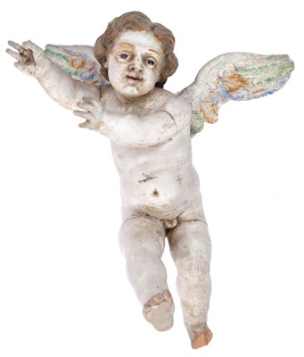 Lot 782 - 18th / 19th century Continental polychrome painted wooden putto, with glass eyes