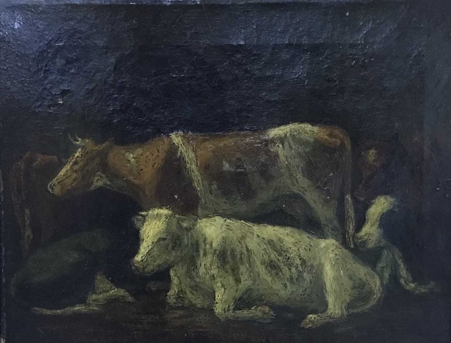 Lot 93 - English School, late 19th / early 20th century, oil on canvas - Cows in an interior, indistinctly inscribed in pencil to stretcher. 27 x 34cm, gilt frame