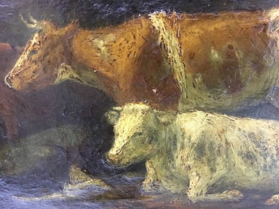 Lot 93 - English School, late 19th / early 20th century, oil on canvas - Cows in an interior, indistinctly inscribed in pencil to stretcher. 27 x 34cm, gilt frame