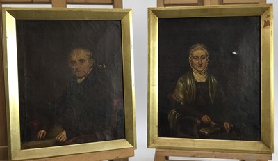 Lot 97 - W. Fayer (circa 1818) pair of oil on canvas half length portraits of a Gentleman and his wife, the first indistinctly inscribed in a flowing hand verso 'Mr Learth Snr. Painted by W Fayer 1818' 29 x...
