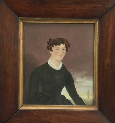 Lot 99 - English School, circa 1820, oil on board, half length portrait of a lady, in period glazed rosewood frame