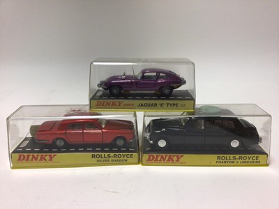 Lot 2351 - dinky Rolls Royce Silver Shadow No.158, Jaguar E Type No.131 & Rolls Royce Phantom V No.152, all boxed (3)