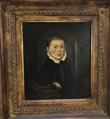 Lot 100 - English School. 19th century, oil on canvas, half length portrait a young boy, indistinctly signed and dated - possibly RG 1810, 20 x 17cm, framed
