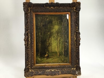 Lot 102 - Continental School, 19th century, oil on panel, figure in woodland, indistinctly signed, 27 x 20cm, gilt frame