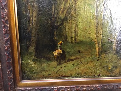 Lot 102 - Continental School, 19th century, oil on panel, figure in woodland, indistinctly signed, 27 x 20cm, gilt frame