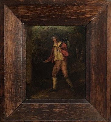 Lot 103 - English School, mid 19th century, oil on panel, a traveller approaching a building, 23 x 18cm, period oak frame