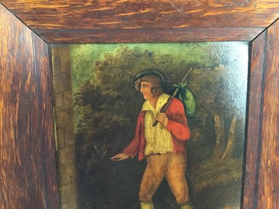 Lot 103 - English School, mid 19th century, oil on panel, a traveller approaching a building, 23 x 18cm, period oak frame