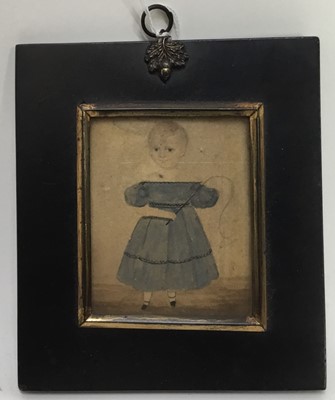 Lot 104 - English school, early 19th century naive watercolour of a child with a whip, 9 x 7cm, glazed ebonised frame