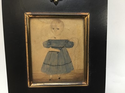 Lot 104 - English school, early 19th century naive watercolour of a child with a whip, 9 x 7cm, glazed ebonised frame